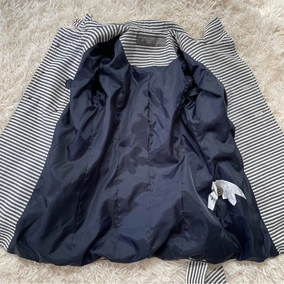 Zara striped Belt Cotton pea Coat Size M white black mock neck pockets - Picture 7 of 11